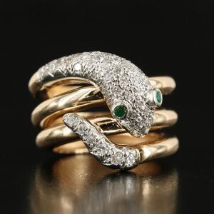 Vintage 14k Yellow Gold & Diamond Snake Ring with Green Emerald Eyes